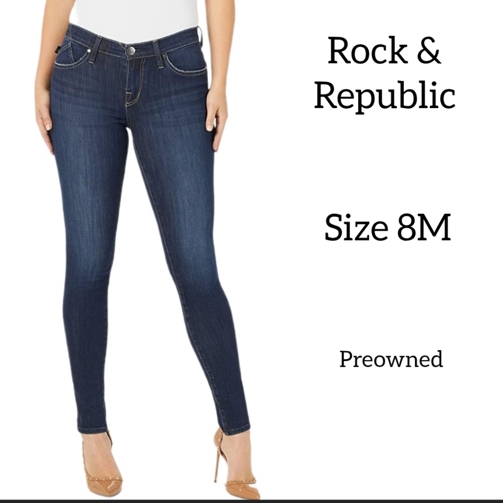 ROCK & REPUBLIC WOMENS BERLIN SKINNY JEANS SIZE 8 M WASHED DARK BLUE PREOWNED